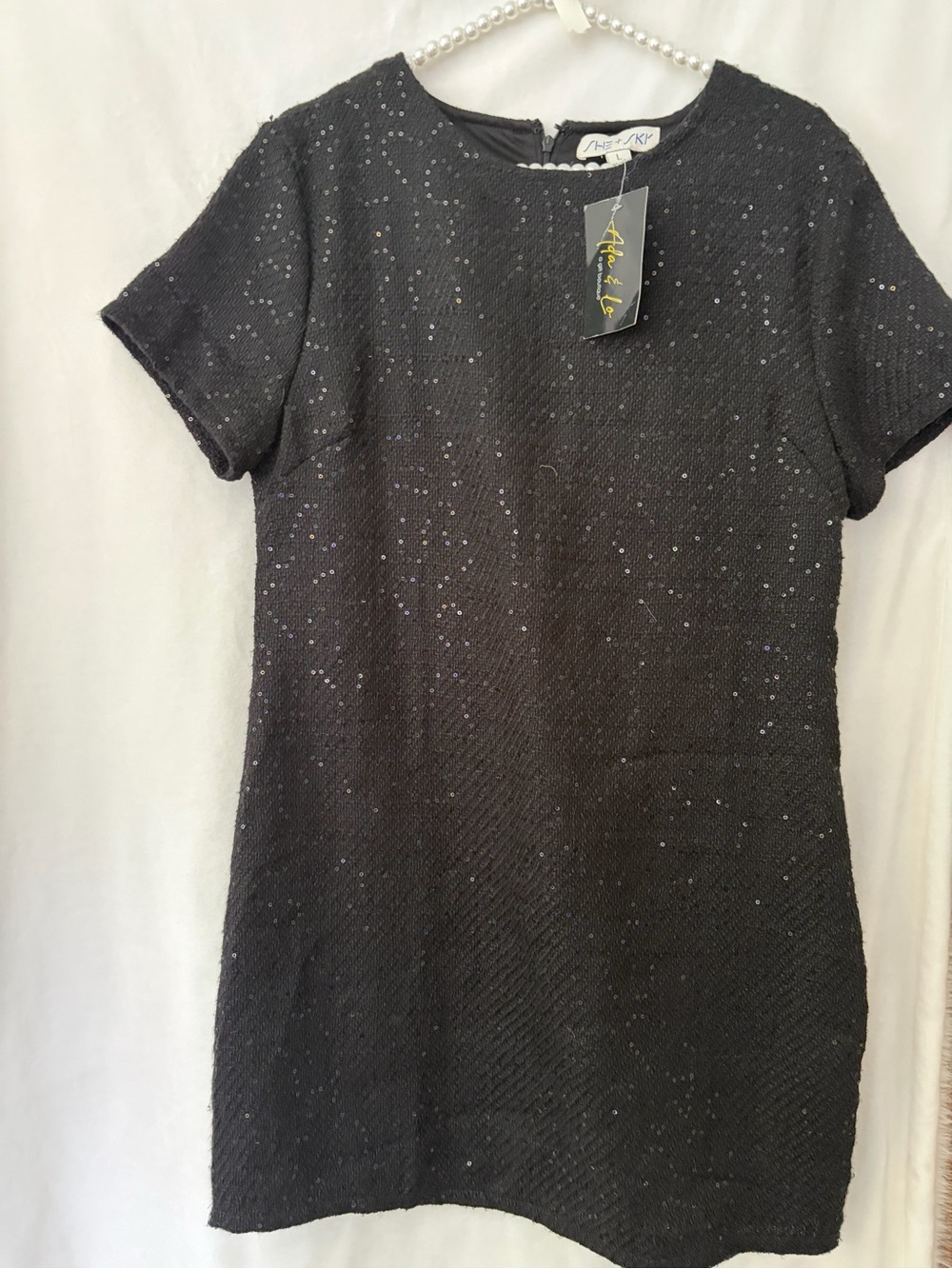 NWT She + Sky Black Sequin Tweed Mini Dress – Size Large ✨